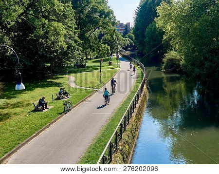 Park Near The Canal With A Path For Cyclists And Runners, Europe, Italy,        Cernusco Sul Navigli