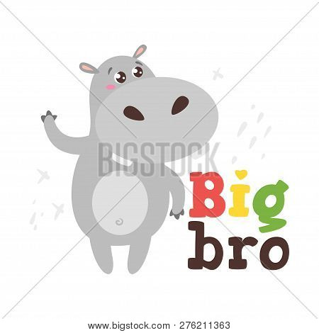 Jungle Animal T Shirt Design Template With Cute Hippo. Vector Illustration. Isolated On White Backgr