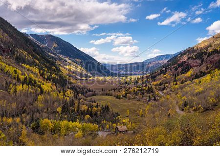 Aerial View Of Telluride, Colorado In Autumn With Surrounding San Juan Mountains. Telluride Is A His