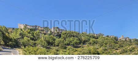 View To Old Historic Village Of Venasque In The Provence, France