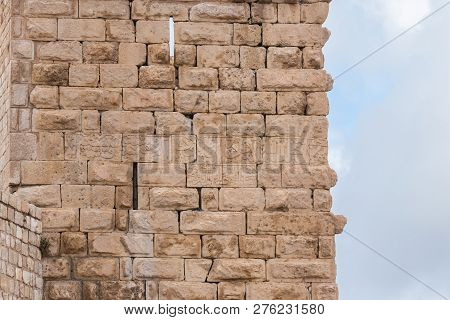 Al Jaya, Jordan, December 06, 2018 : Fragment Of The Corner Tower In The Medieval Fortress Ash Shuba