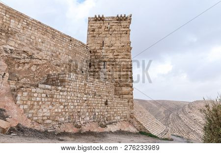 Al Jaya, Jordan, December 06, 2018 : The Corner Tower In The Medieval Fortress Ash Shubak, Standing 