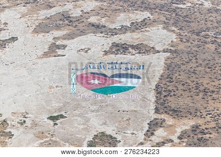 Al Jaya, Jordan, December 06, 2018 : View From The Walls Of The Fortress On The Jordanian Flag Paint