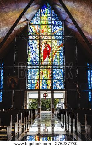 Londrina - Pr, Brazil - December 12, 2018: Big Image Of Jesus On A Stained Glass, Entrance Of The Ca