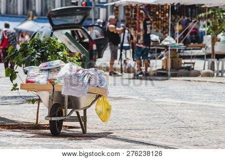 Londrina - Pr, Brazil - December 12, 2018: Handmade Dish Cloth Being Sold On A Pushcart On Downtown 