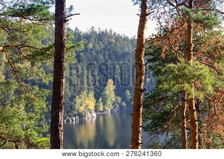 Dam Rimov With Autumn Colorful Trees, Foiliage Czech Landscape