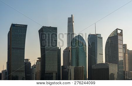 Shanghai, China - 27 October 2018: Panorama Of The Pudong District Of City Of Shanghai At Sunset