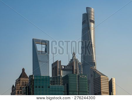 Shanghai, China - 27 October 2018: Panorama Of The Pudong District Of City Of Shanghai At Sunset
