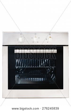 Built-in Gas Oven Isolated On White Background. Front View Of Stainless Steel Oven With A Large-capa