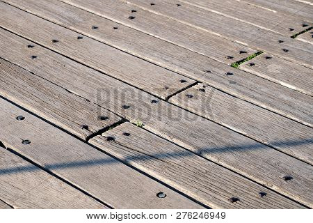 Surface From Old Vintage Wooden Boadrs Fixed By Metal Nails Diagonal View Close Up