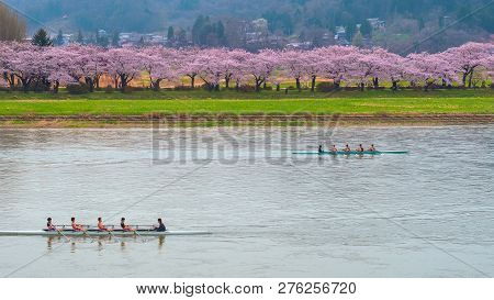 Iwate , Japan - April 22 2018: Kitakami Tenshochi Park Located By The Kitakami River, Renowned As On