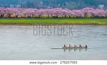 Iwate , Japan - April 22 2018: Kitakami Tenshochi Park Located By The Kitakami River, Renowned As On
