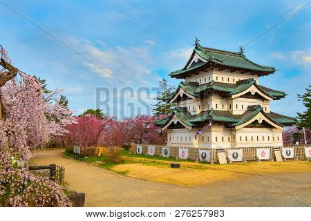 Hirosaki, Japan - April 23 2018: Sakura - Cherry Blossom Full Bloom At Hirosaki Castle In Hirosaki P