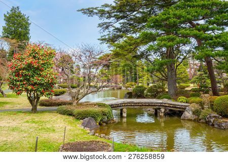 Hirosaki, Japan - April 23 2018: The Fujita Memorial Japanese Garden Built In 1919 In Japanese Tradi