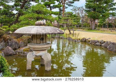 Hirosaki, Japan - April 23 2018: The Fujita Memorial Japanese Garden Built In 1919 In Japanese Tradi
