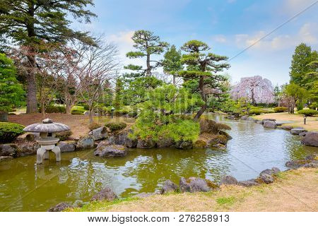 Hirosaki, Japan - April 23 2018: The Fujita Memorial Japanese Garden Built In 1919 In Japanese Tradi