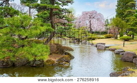 Hirosaki, Japan - April 23 2018: The Fujita Memorial Japanese Garden Built In 1919 In Japanese Tradi