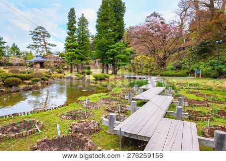 Hirosaki, Japan - April 23 2018: The Fujita Memorial Japanese Garden Built In 1919 In Japanese Tradi
