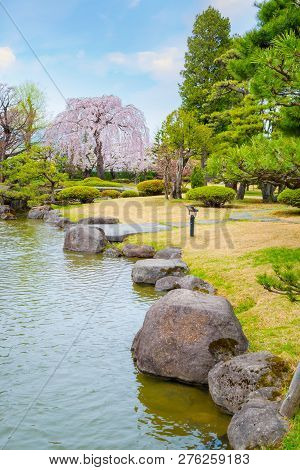 Hirosaki, Japan - April 23 2018: The Fujita Memorial Japanese Garden Built In 1919 In Japanese Tradi