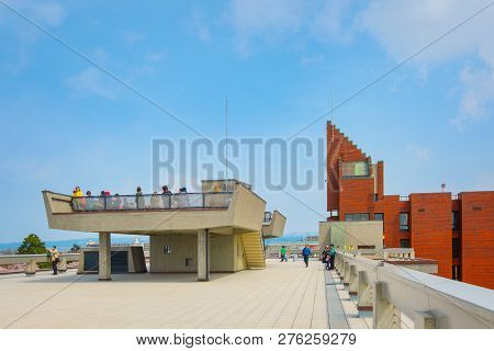 Hirosaki, Japan - April 23 2018: Hirosaki Municipal Hall Is One Of The Best Spot Viewing Cherry Blos