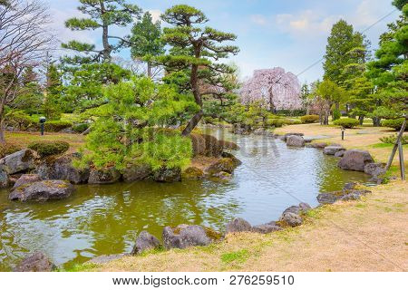 Hirosaki, Japan - April 23 2018: The Fujita Memorial Japanese Garden Built In 1919 In Japanese Tradi