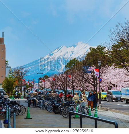 Hirosaki, Japan - April 23 2018: Hirosaki Municipal Hall Is One Of The Best Spot Viewing Cherry Blos