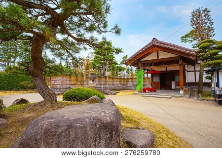 Hirosaki, Japan - April 23 2018: The Fujita Memorial Japanese Garden Built In 1919 In Japanese Tradi