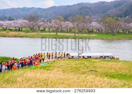 Iwate , Japan - April 22 2018: Unidentified People Wait For Ferry Boat Crossing The Kitakami River T