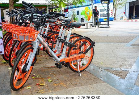 Chiang Mai, Thailand - January 13, 2018 : City Bike, A Row Of Mobike Parking On Footpath, Mobike Is 