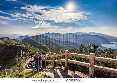 Taiwan, Taipei, Bitou Cape Park - January 2014: An Unidentified Group Of Local Hikers Visit The Beau