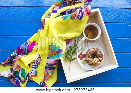 Yellow Scarf With Healthy Drinks Ginger Tea And Dessert Bread In Wooden Box Of Lifestyle Woman Relax
