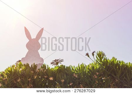 Creative Easter Photo Of Silhouette  Paper Rabbit In The Chamomile Flowers And Green Grass On The Su