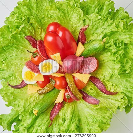 Bouquet With Ingredients For Healthy Nutririon Or Diet. Lettuce With Eggs And Fresh Vegetables Close