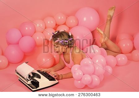 Education And Childhood. Child In Underwear With Typewriter On Pink Background. Kid Journalist Or Wr
