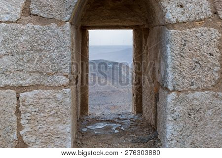 Al Jaya, Jordan, December 06, 2018 : The Loophole On The Corner Tower In The Medieval Fortress Ash S