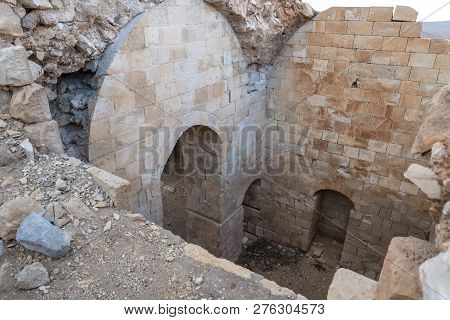 Al Jaya, Jordan, December 06, 2018 : Interior Courtyard In The Medieval Fortress Ash Shubak, Standin