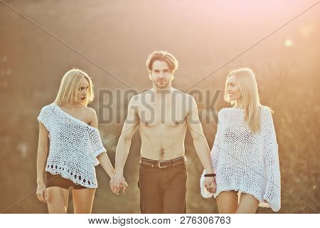 Beauty And Fashion. Blonde And Guy With Athletic Chest. Love And Romance. Man With Muscular Body Wit