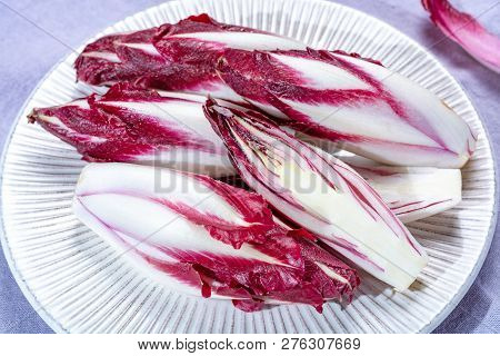 Group Of Fresh Red Radicchio Chicory Or Belgian Endive Vegetables, Also Known As Witlof Salade