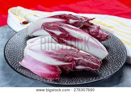 Group Of Fresh Red Radicchio Chicory Or Belgian Endive Vegetables, Also Known As Witlof Salade