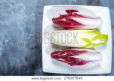 Food Background, Flat Lay Concept With Fresh Green Belgian Endive Or Chicory And Red Radicchio Veget