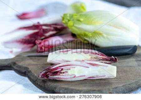 Group Of Fresh Green Belgian Endive Or Chicory And Red Radicchio Vegetables, Also Known As Witlof Sa