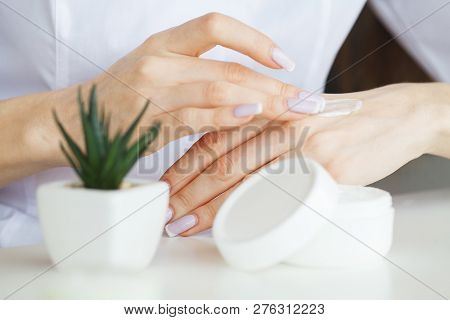Scin Care. Scientist Hands Testing Texture Of Beauty Products