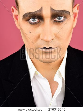 Having Talent And Charisma. Theatre Actor Miming. Mime With Face Paint. Mime Artist. Man With Mime M