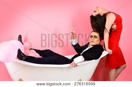 Love Comes From Love. Couple In Love Mime Enjoy Together In Bath Room. Mime Artists. Couple Of Mime 