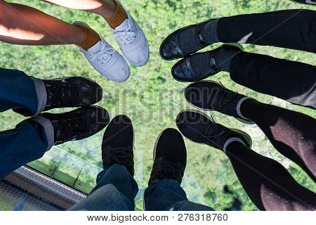 Crystal Glass Ngong Ping Cable Car With Tourists Over Mountain, To Visit The Tian Tan Or The Big Bud
