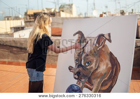 Young Woman Paint Artist Drawing At Home Roof