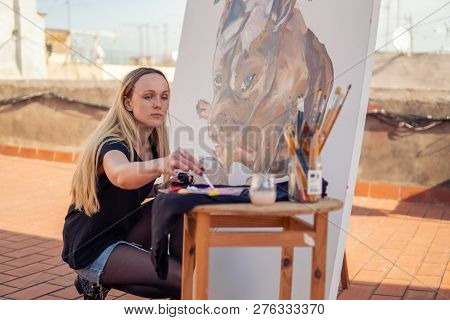 Young Woman Paint Artist Drawing At Home Roof
