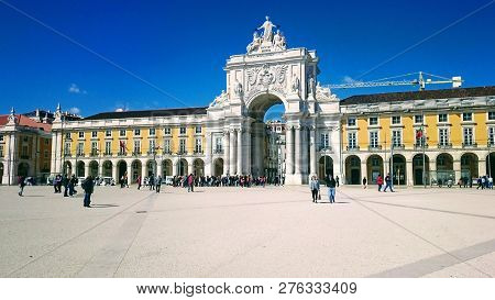 Commerce Square With Peoples Against Blue Sky, Lisbon, 13 March 2018