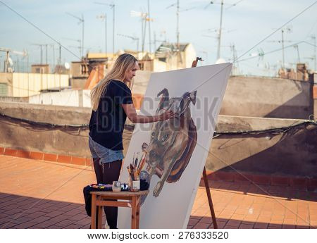 Young Woman Paint Artist Drawing At Home Roof
