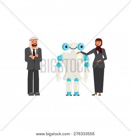 Arabic Business Man And Business Woman Characters With Robor. Isolated On White Background. Vector I